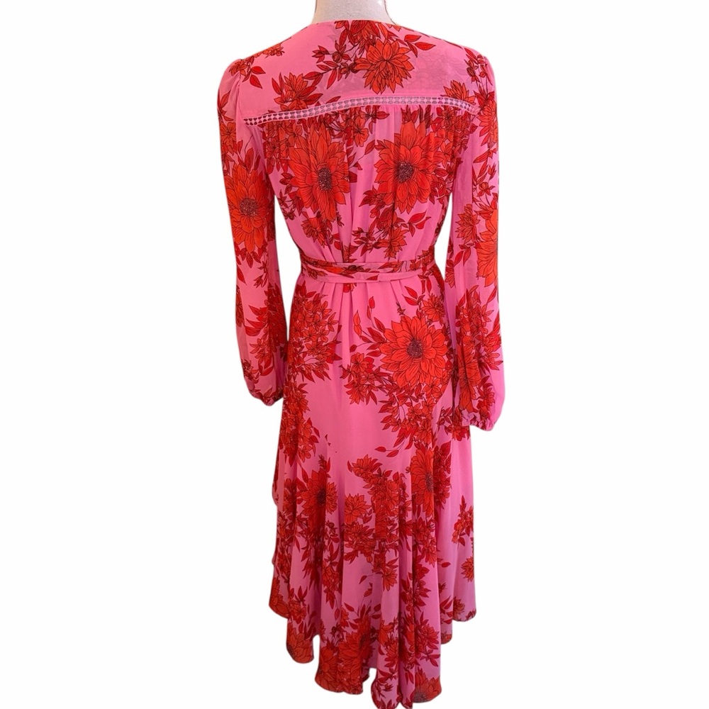 CAbi Pink/Red Chiffon Floral "Drama" Wrap Style Midi Dress #5614 S - Picture 9 of 12